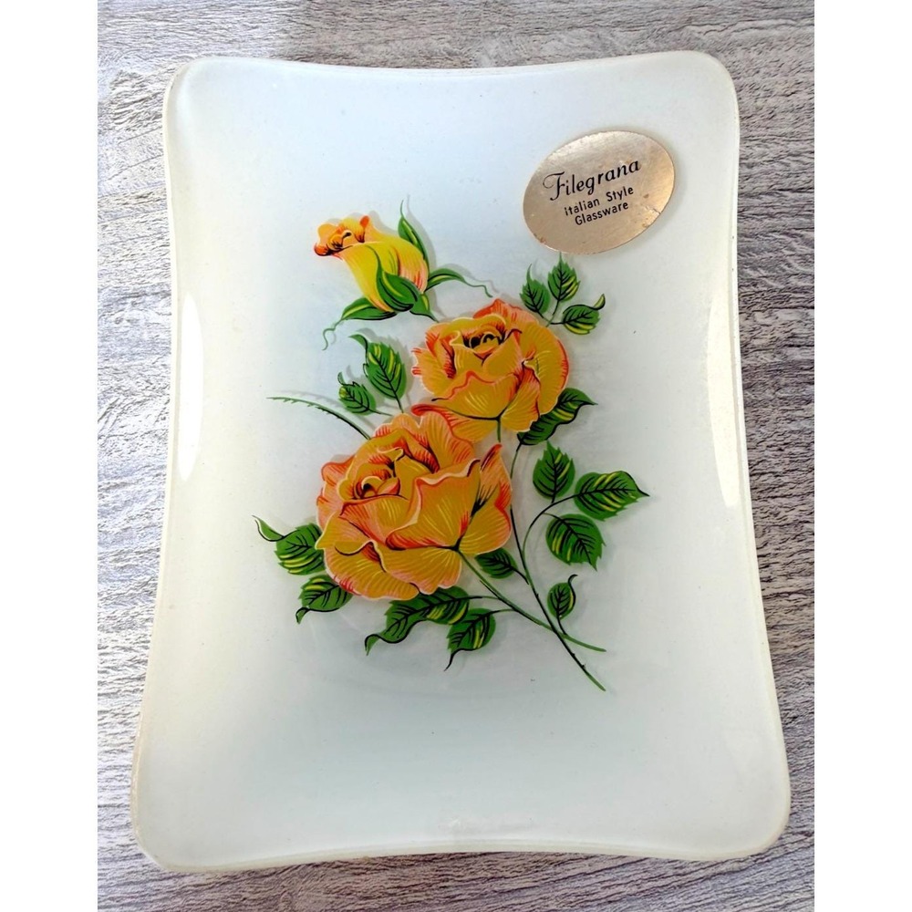 Filegrana Italian Style Glassware Trinket Pin Dish Plate Hand Painted 5" x 3.75"